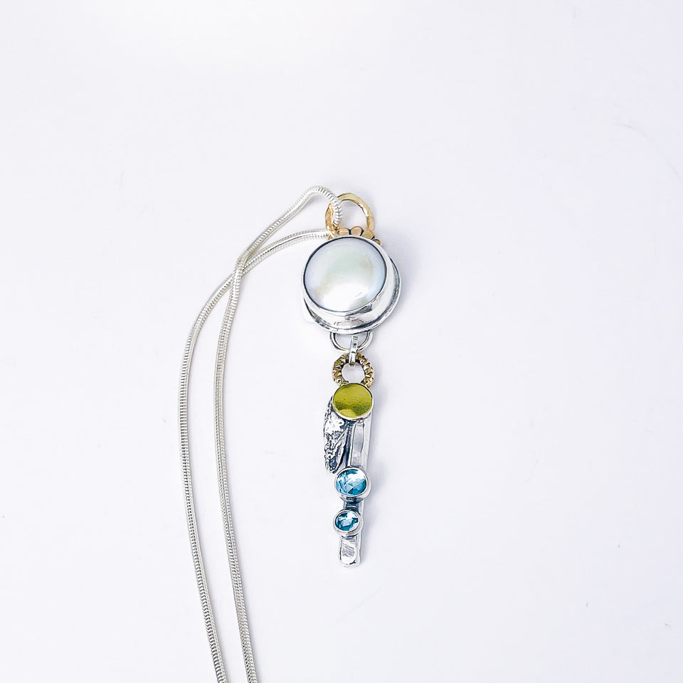 Freshwater Pearl and Blue Topaz Necklace - Inner Wisdom Talisman