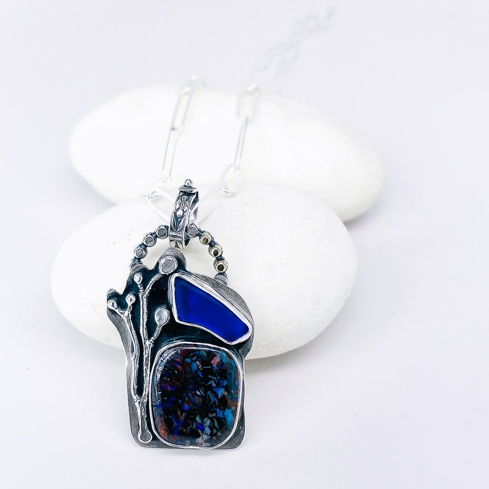 Boulder Opal and Sea Glass Necklace - Creative Awakening Talisman