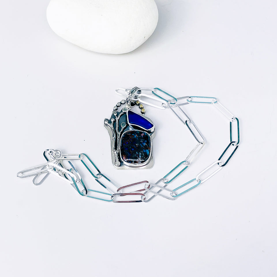 Boulder Opal and Sea Glass Necklace - Creative Awakening Talisman