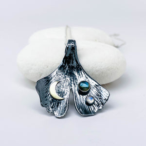 Gunmetal Ginkgo Pendant Necklace - Inner Power Talisman