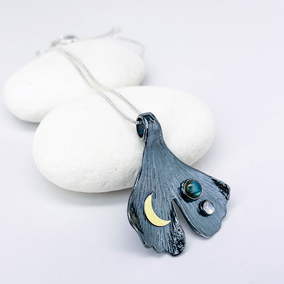 Gunmetal Ginkgo Pendant Necklace - Inner Power Talisman