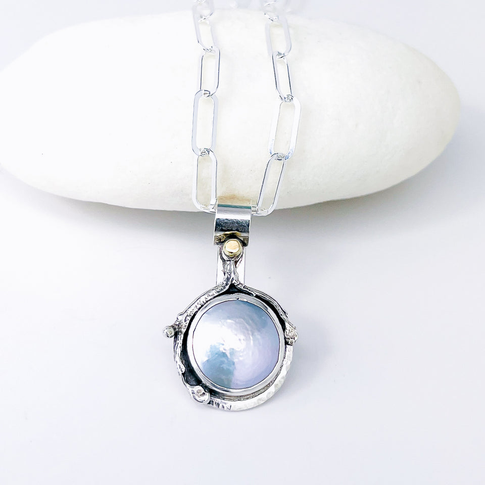 Sterling Silver Pearl Pendant Necklace - Stillness Talisman - DawnsArtisanJewelry.com