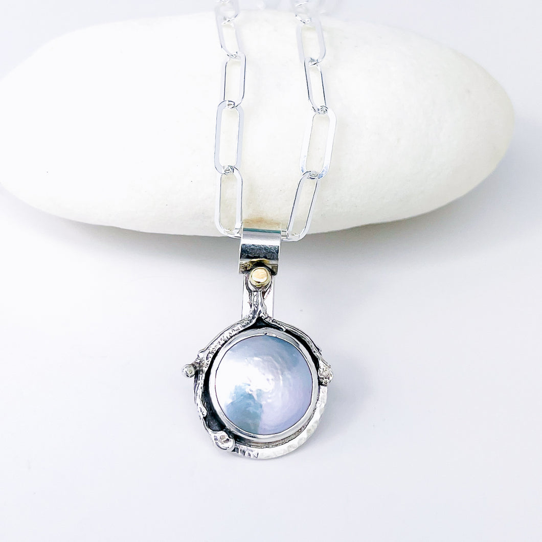 Sterling Silver Pearl Pendant Necklace - Stillness Talisman - DawnsArtisanJewelry.com