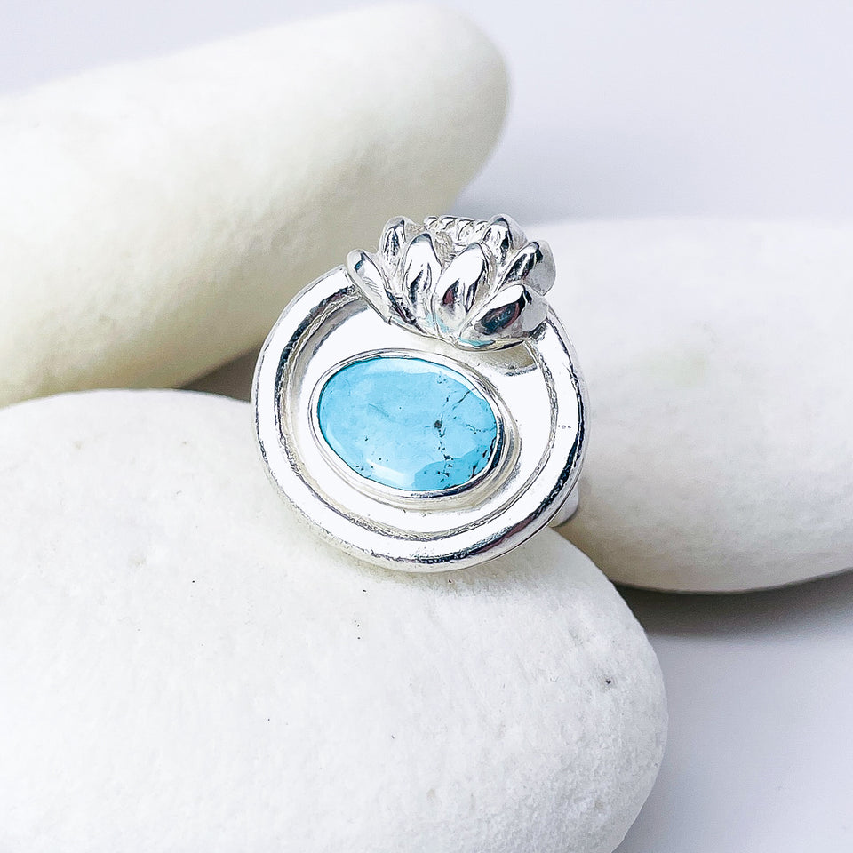 Sterling Silver Turquoise Lotus Ring (Adj.) - Inner Stillness Talisman