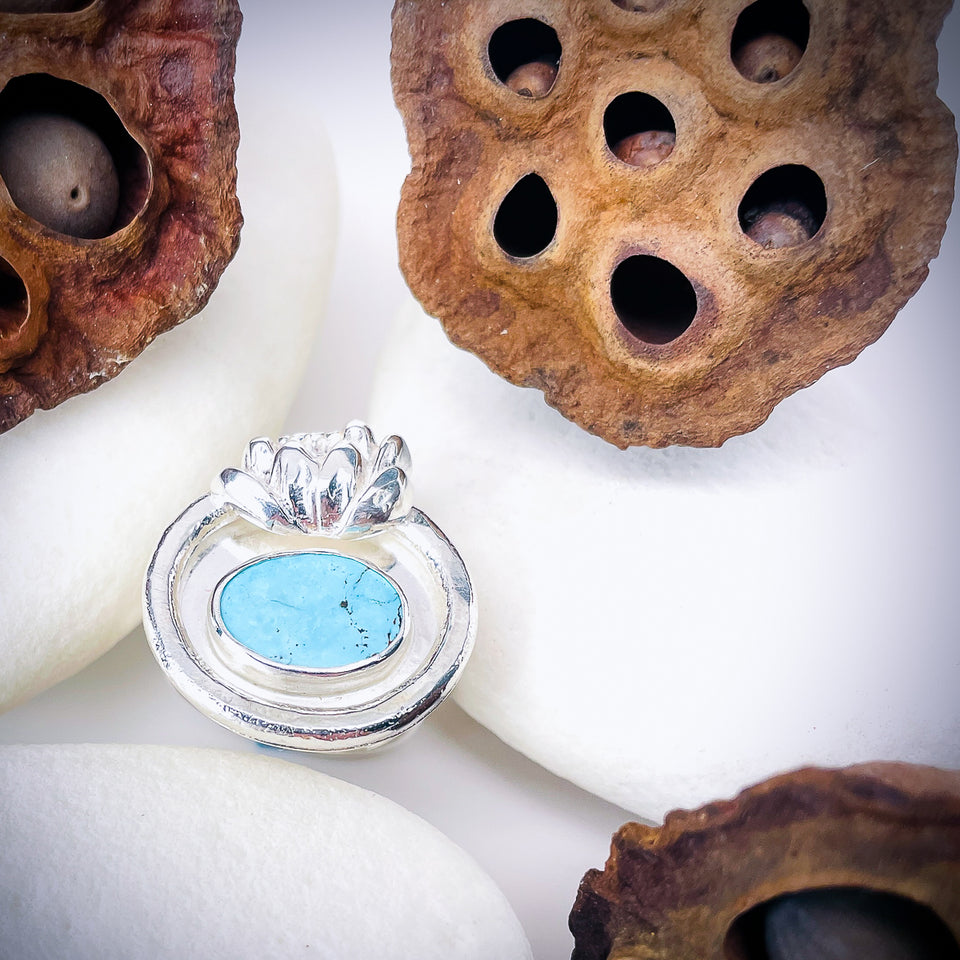 Sterling Silver Turquoise Lotus Ring (Adj.) - Inner Stillness Talisman