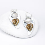 Sterling Silver Water Drop Earrings - Bronze Leaf and Freshwater Pearl Water Drops