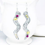 Sterling Silver Dangle Art Earrings - Serpent Ruby and Gold Earrings