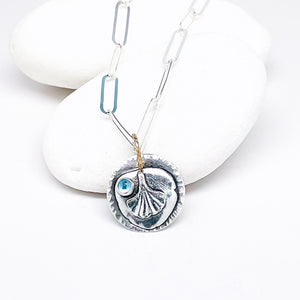 Sterling Silver Ginkgo Pendant Necklace - blue topaz