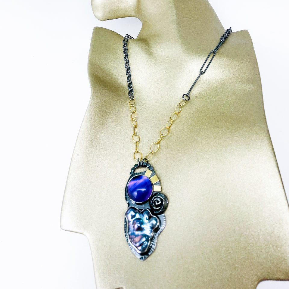 Sterling Silver Amethyst Necklace - Baroque Peacock Pearl Necklace