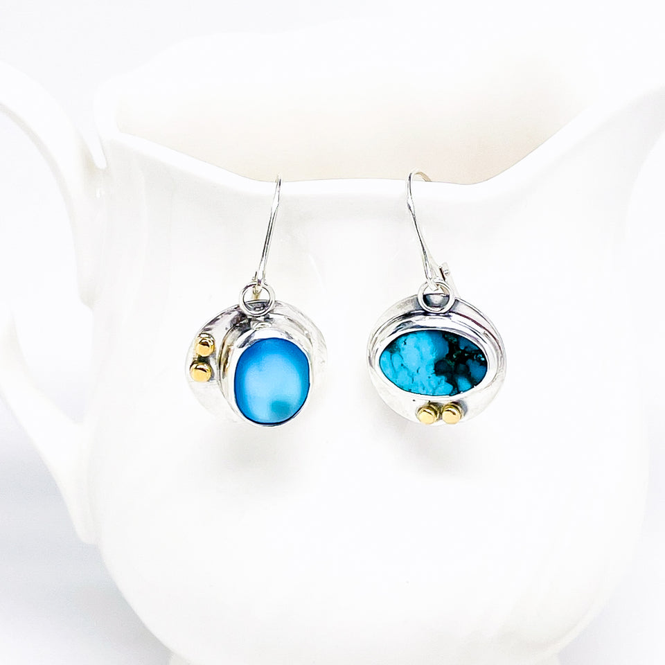 Sterling Silver Wabi Sabi Earrings | Reversible Turquoise, Opalite and 18kt Earrings