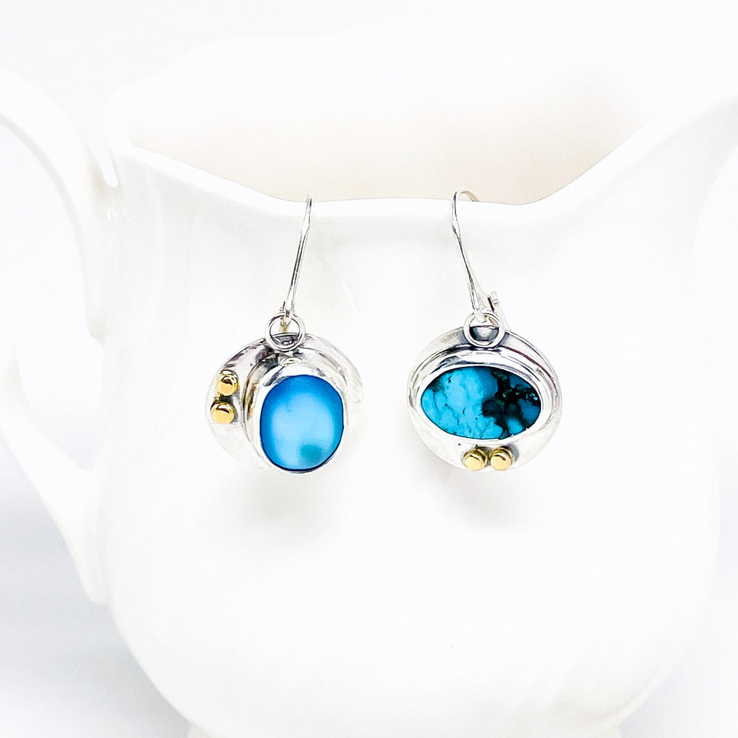 Sterling Silver Wabi Sabi Earrings | Reversible Turquoise, Opalite and 18kt Earrings