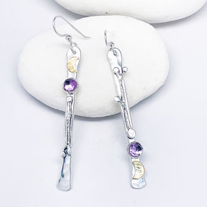 Sterling Silver Totem Earrings - Multi Stone Wabi Sabi Amethyst, Gold and Sterling Twigs