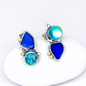 Sterling Silver Wabi Sabi Earrings - Opalite, Cobalt Seaglass w/Turquoisee