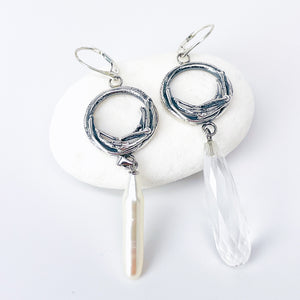 Wabi Sabi Cycle Of Life Earrings - Pearl and Crystal Nests