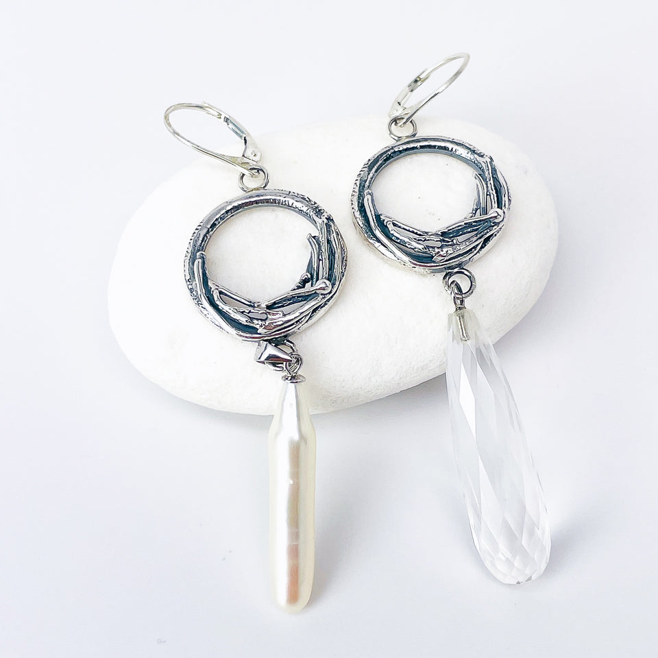 Wabi Sabi Cycle Of Life Earrings - Pearl and Crystal Nests