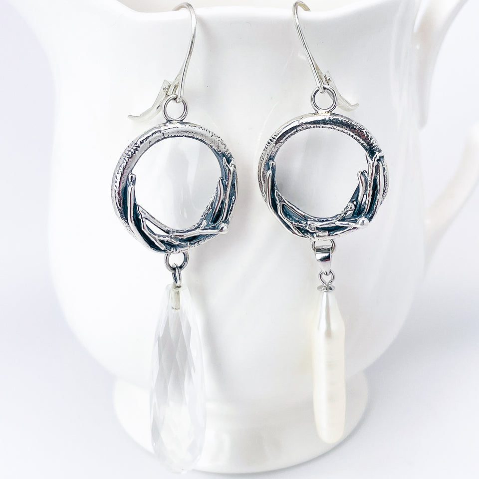 Wabi Sabi Cycle Of Life Earrings - Pearl and Crystal Nests