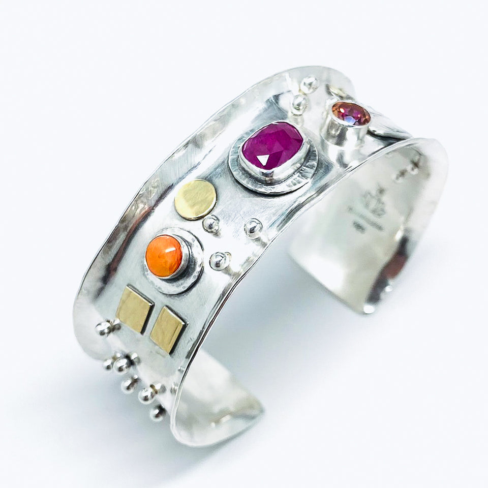 Sterling Silver Ruby, Spiny Oyster Shell, Anastasis Topaz, and Gold Cuff