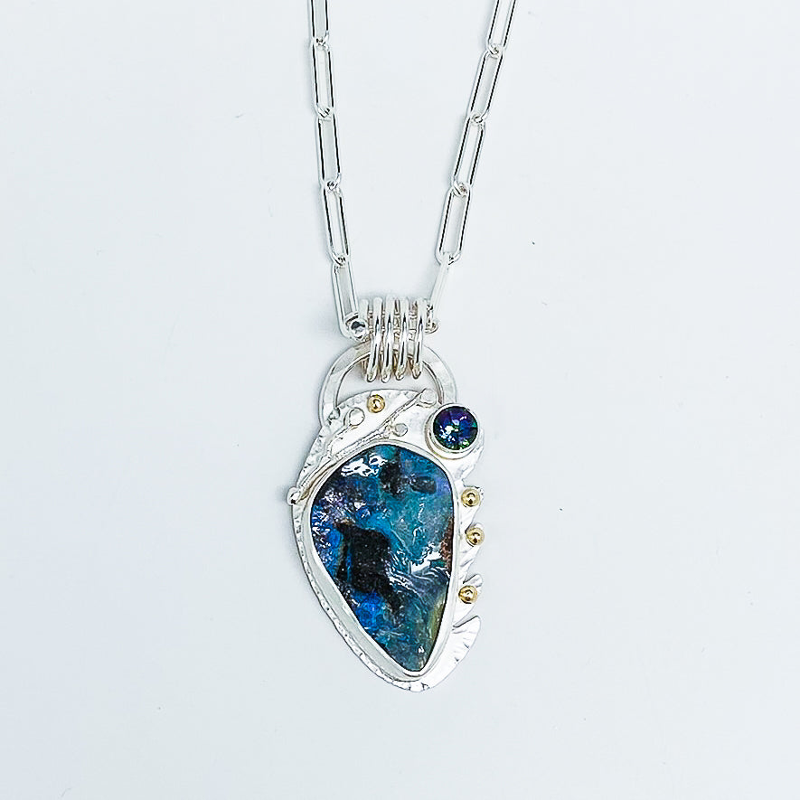 Sterling Silver Boulder Opal, Blue Topaz and Gold Necklace