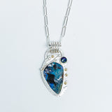 Sterling Silver Boulder Opal, Blue Topaz and Gold Necklace