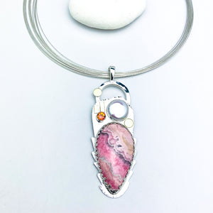 Sterling Silver Rhodochrosite Statement Necklace with 18K Gold, Anastasia Topaz and Pearl
