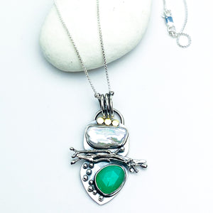 Sterling Silver Chrysoprase and Freshwater, 18K Gold Necklace