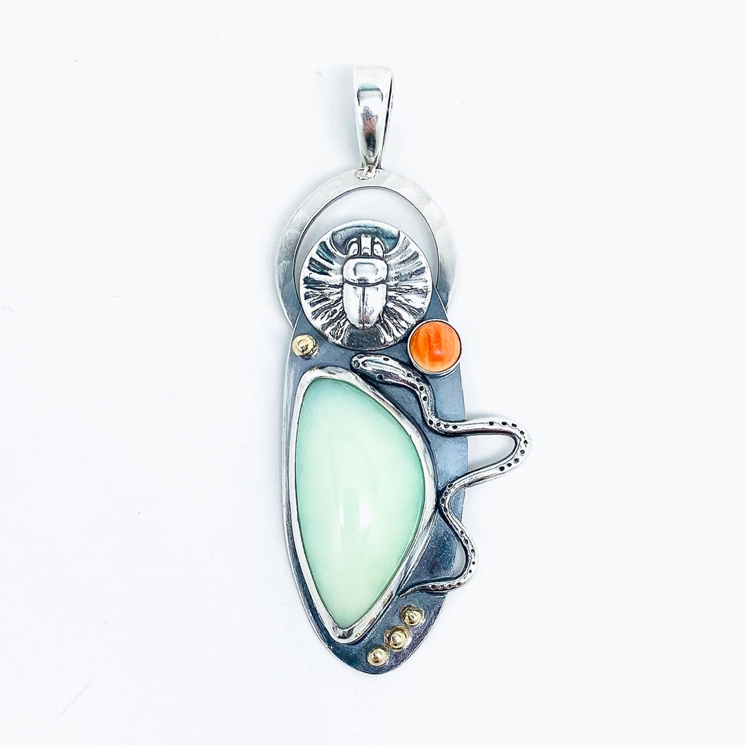 Sterling Silver Scarab Beetle and Serpent Pendant with Chalcedony and Spiny Oyster
