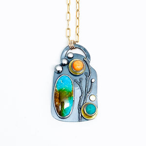 Sterling Silver, Turquoise, Spiny Oyster, Amazonite and Gold Pendant