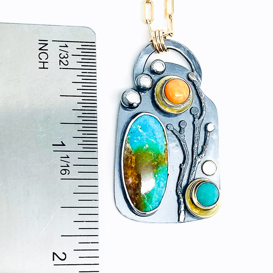 Sterling Silver, Turquoise, Spiny Oyster, Amazonite and Gold Pendant