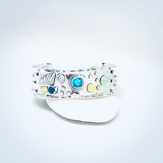 Sterling Silver Apatite, Chalcedony, Turquoise, and Gold Cuff