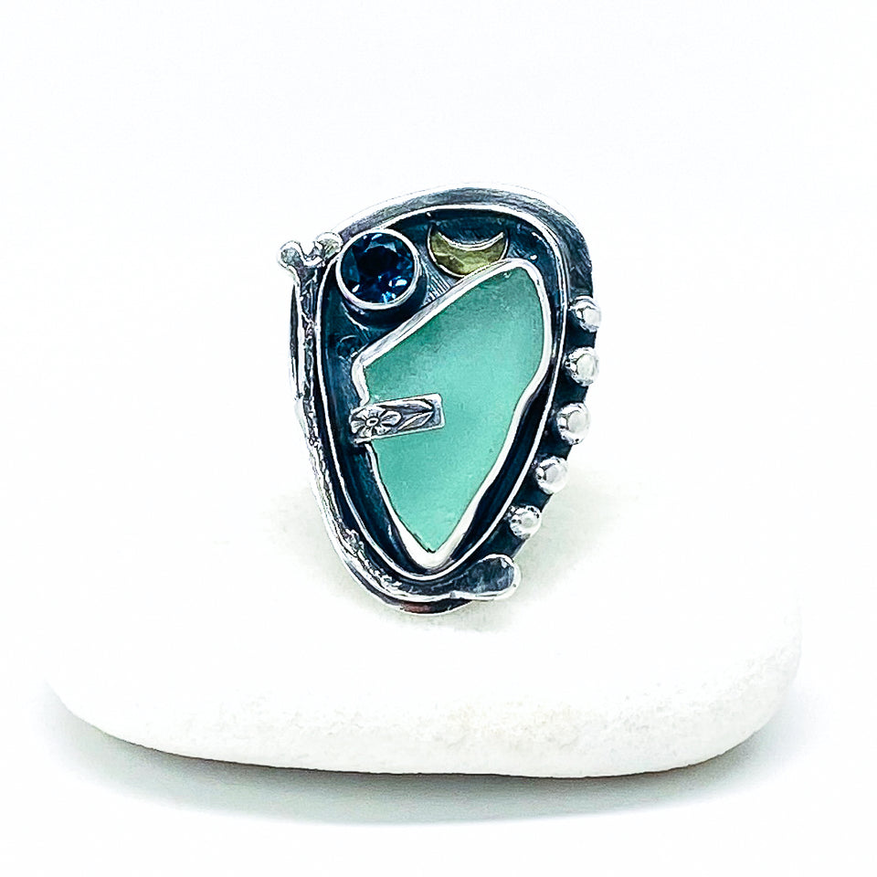 Sterling Silver Sea Glass and Apatite Ring